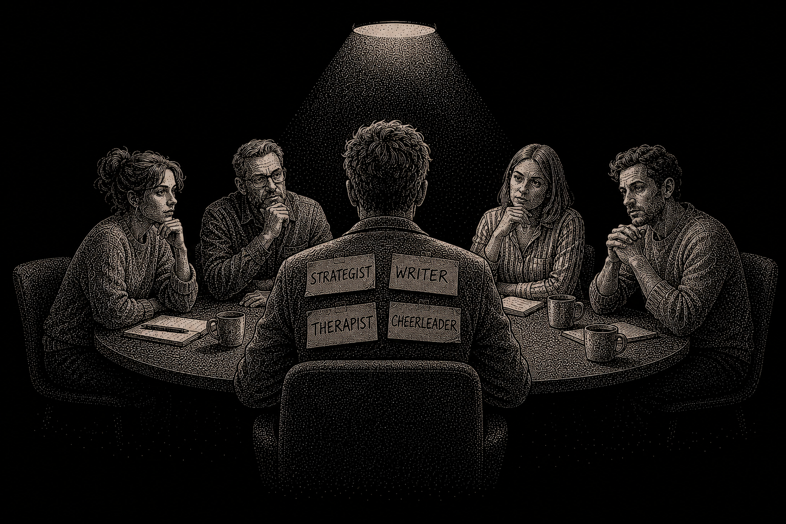 Four people around a lamp-lit table, listening to one person whose back carries four labels: strategist, writer, therapist, cheerleader