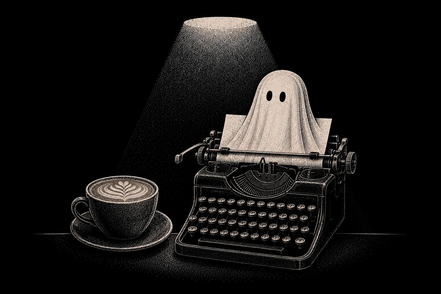 A sheet ghost sitting at a typewriter beside a cup of coffee, under a single lamp