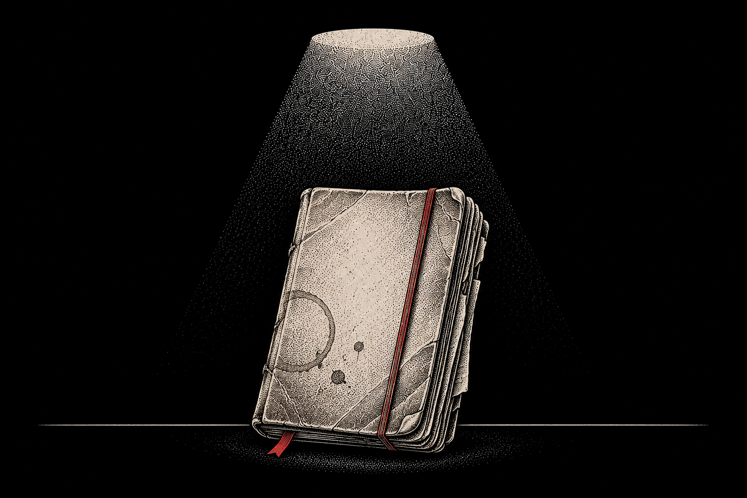 A worn journal with a red elastic band, lit by a single lamp