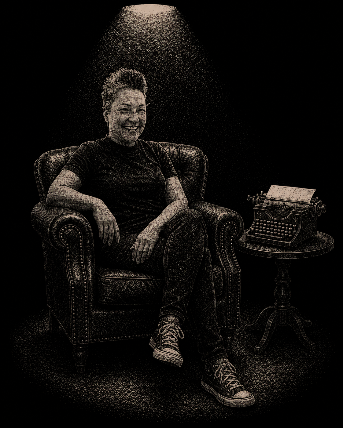 Sarra Richmond sitting in a leather armchair under a single lamp, a typewriter on the side table beside her