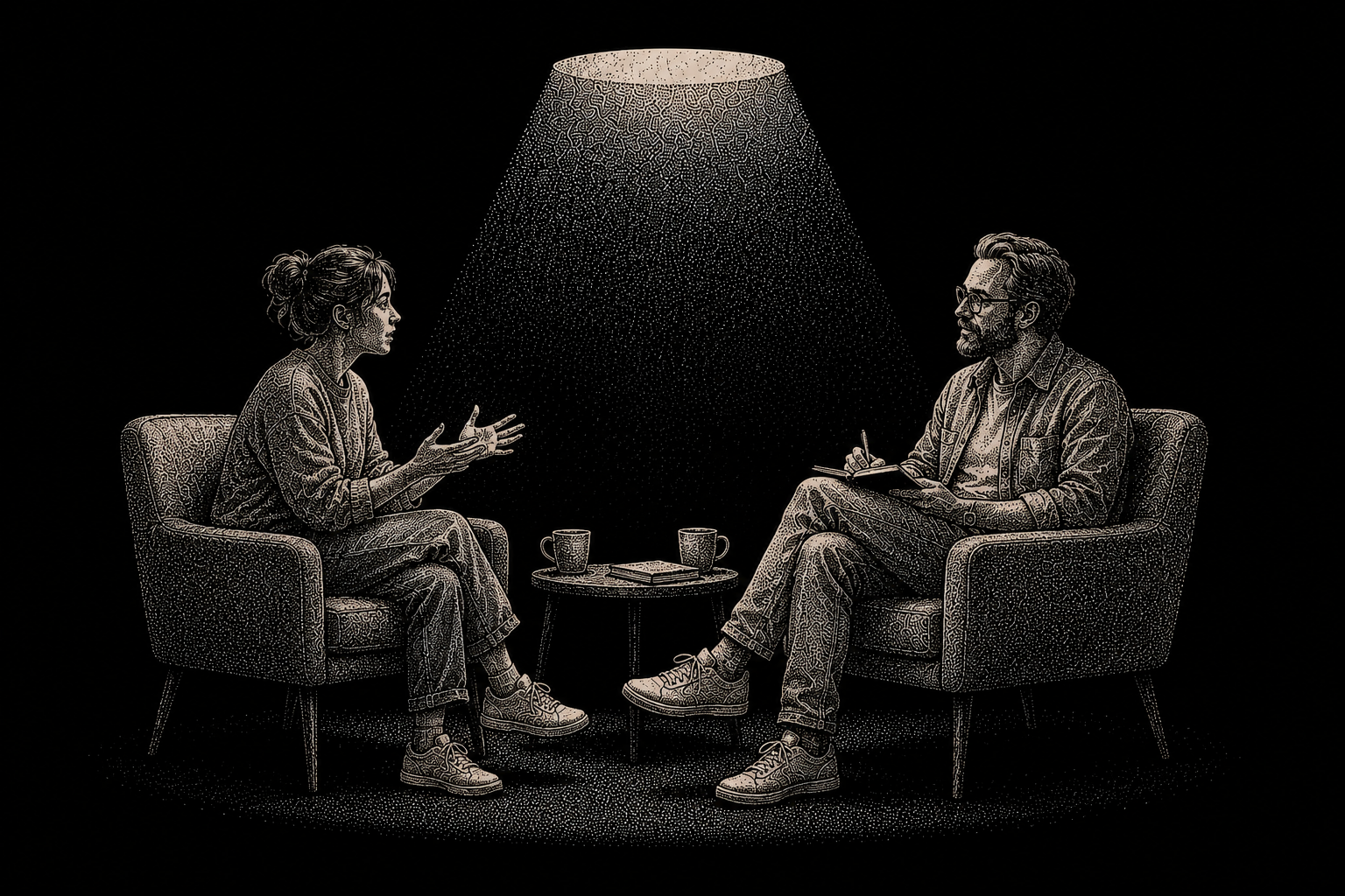 Two people in armchairs under a lamp, one talking, one taking notes